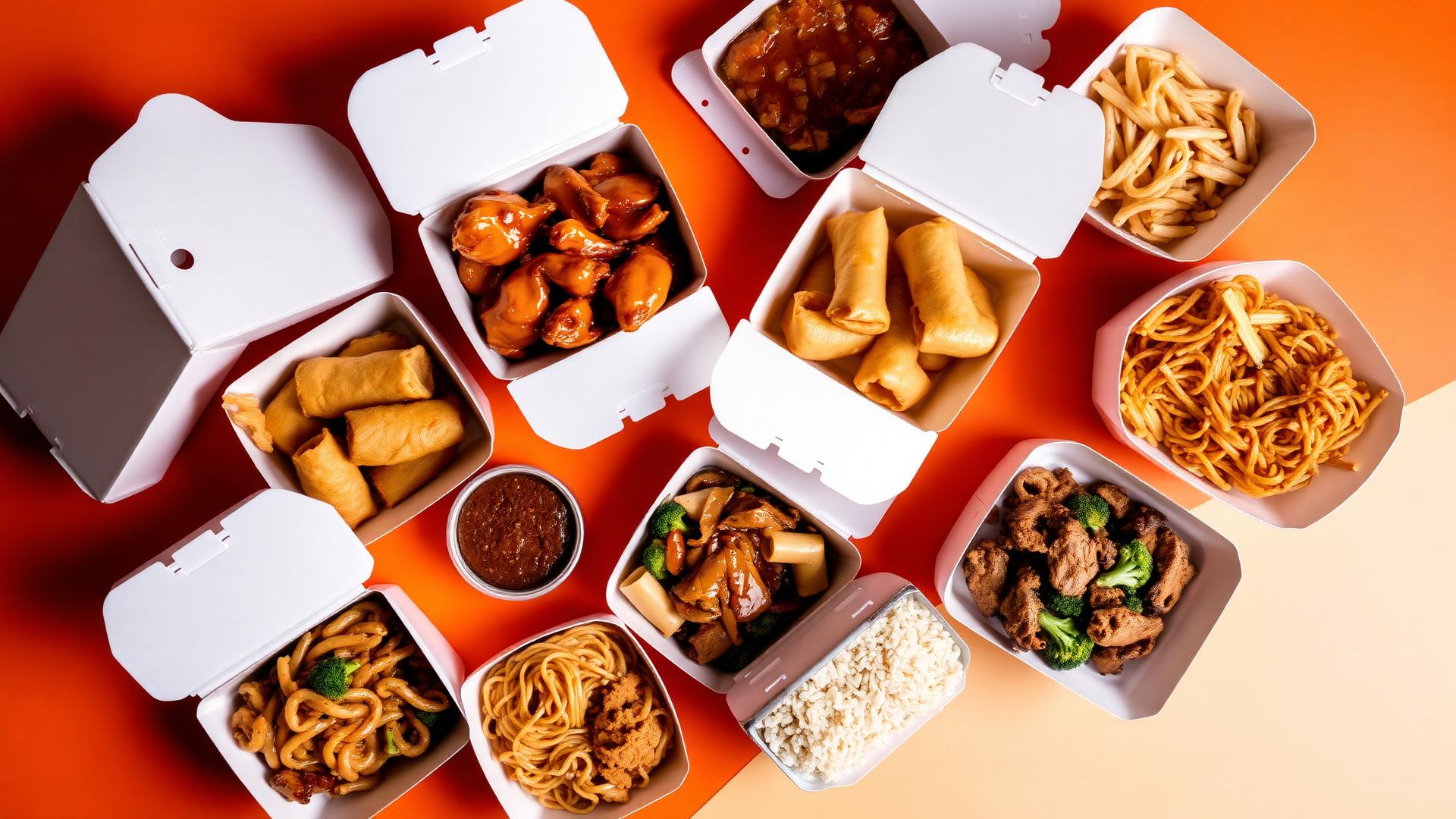 A colourful spread of Sun Horse Takeaway dishes in containers